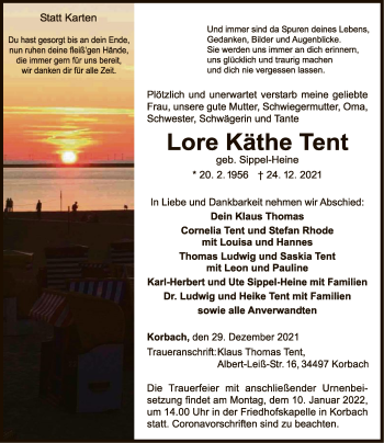 Traueranzeige von Lore Käthe Tent von WLZ