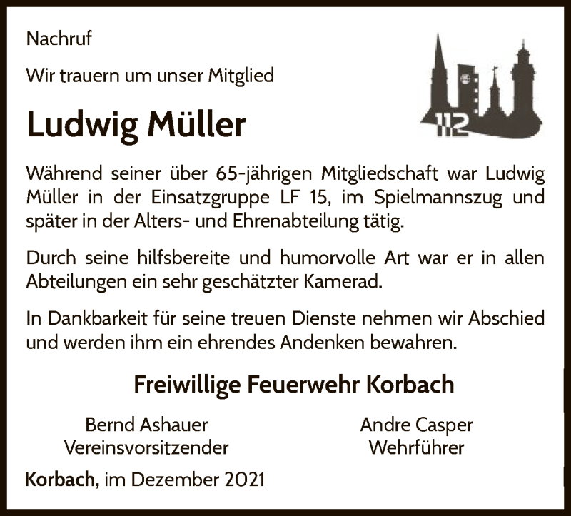  Traueranzeige für Ludwig Müller vom 15.12.2021 aus WLZ