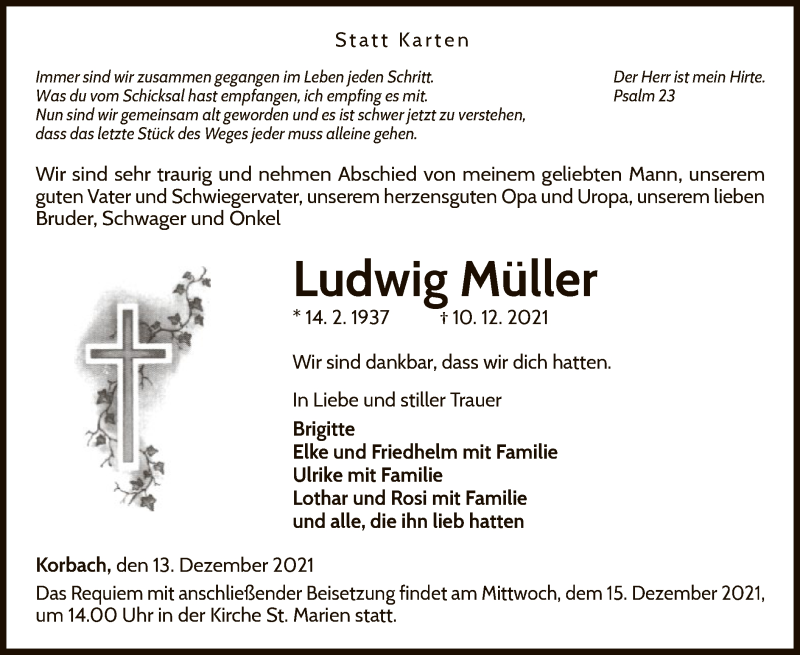  Traueranzeige für Ludwig Müller vom 13.12.2021 aus WLZ