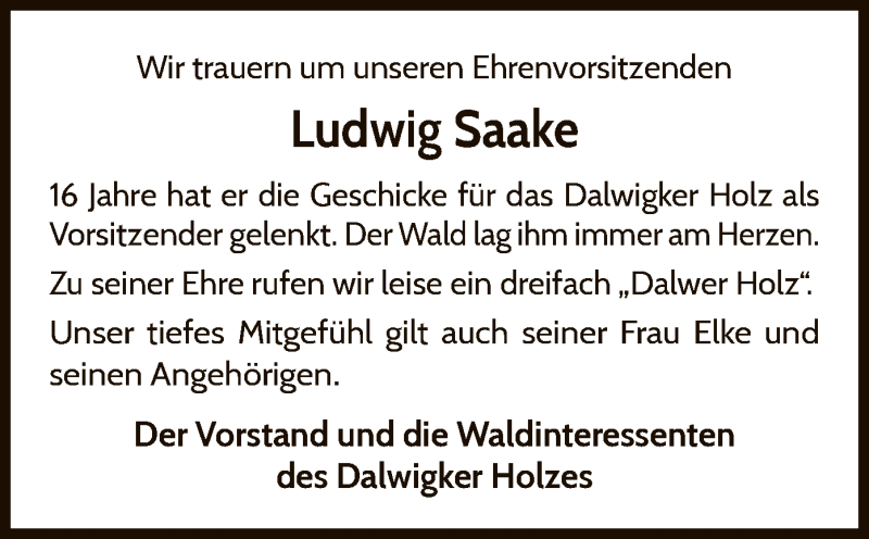  Traueranzeige für Ludwig Saake vom 16.12.2021 aus WLZ