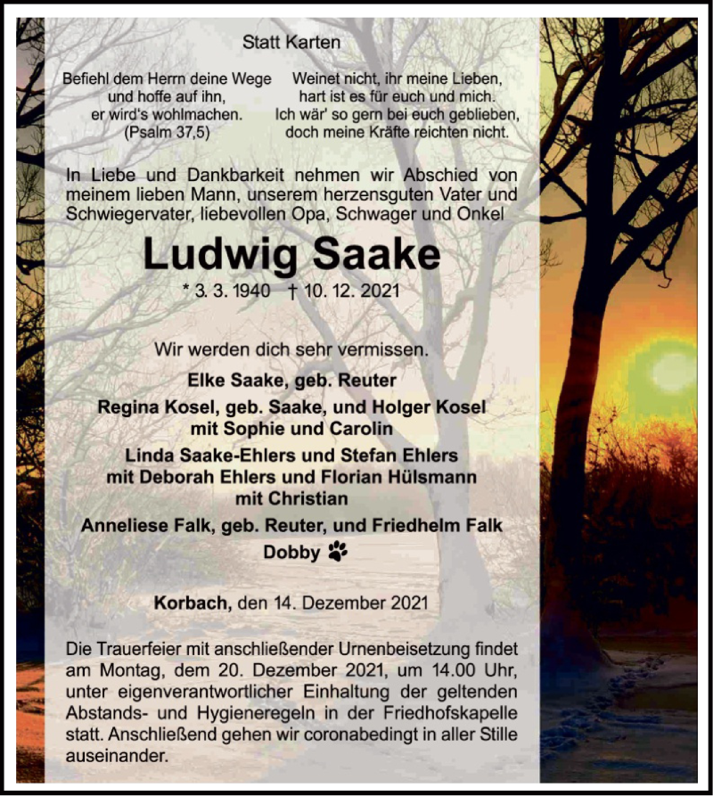  Traueranzeige für Ludwig Saake vom 14.12.2021 aus WLZ