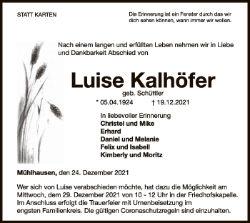 Traueranzeige von Luise Kalhöfer von WLZ