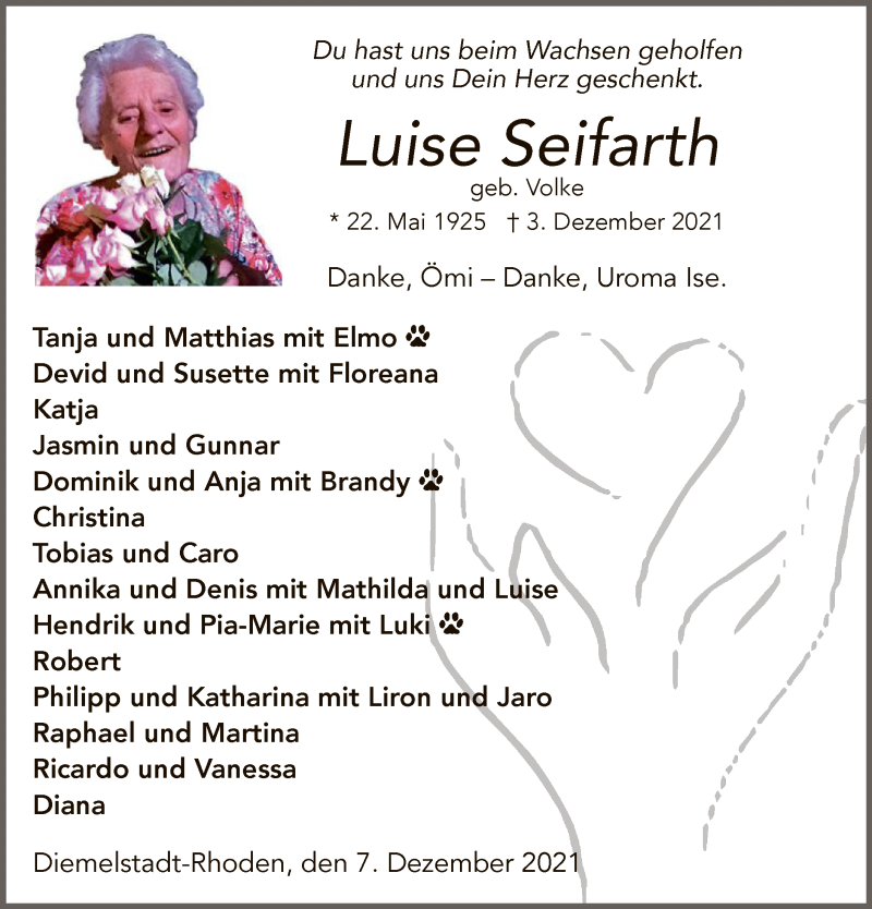  Traueranzeige für Luise Seifarth vom 07.12.2021 aus WLZ