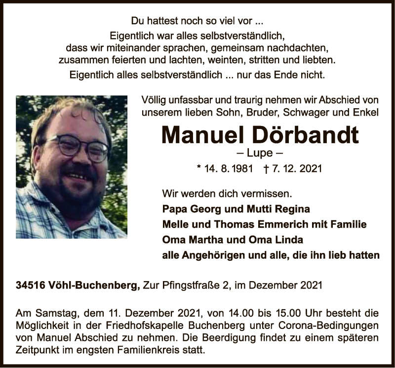  Traueranzeige für Manuel Dörbandt vom 10.12.2021 aus WLZ