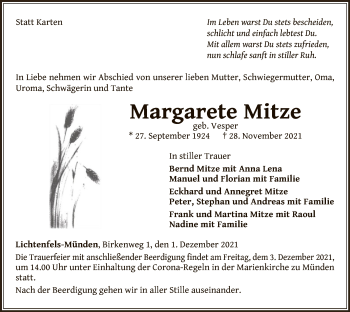 Traueranzeige von Margarete Mitze von WLZ