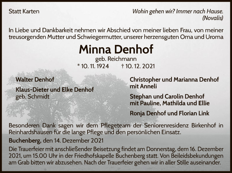  Traueranzeige für Minna Denhof vom 14.12.2021 aus WLZ