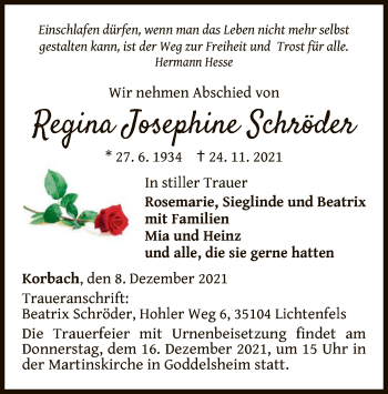 Traueranzeige von Regina Josephine Schröder von WLZ