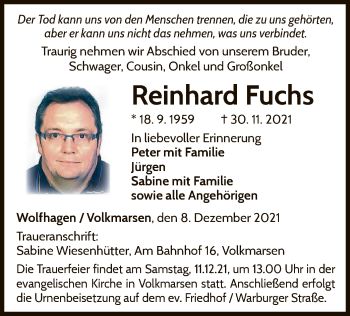 Traueranzeige von Reinhard Fuchs von WLZ