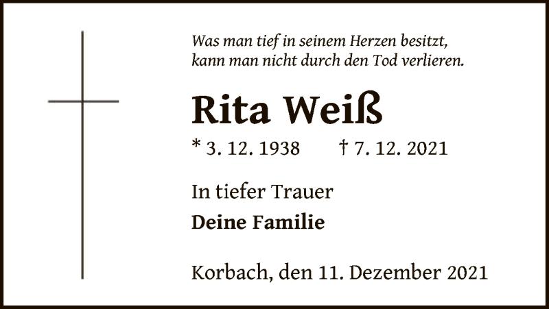  Traueranzeige für Rita Weiß vom 11.12.2021 aus WLZ