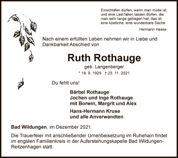 Traueranzeige von Ruth Rothauge von WLZ