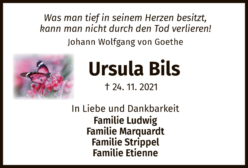  Traueranzeige für Ursula Bils vom 01.12.2021 aus WLZ
