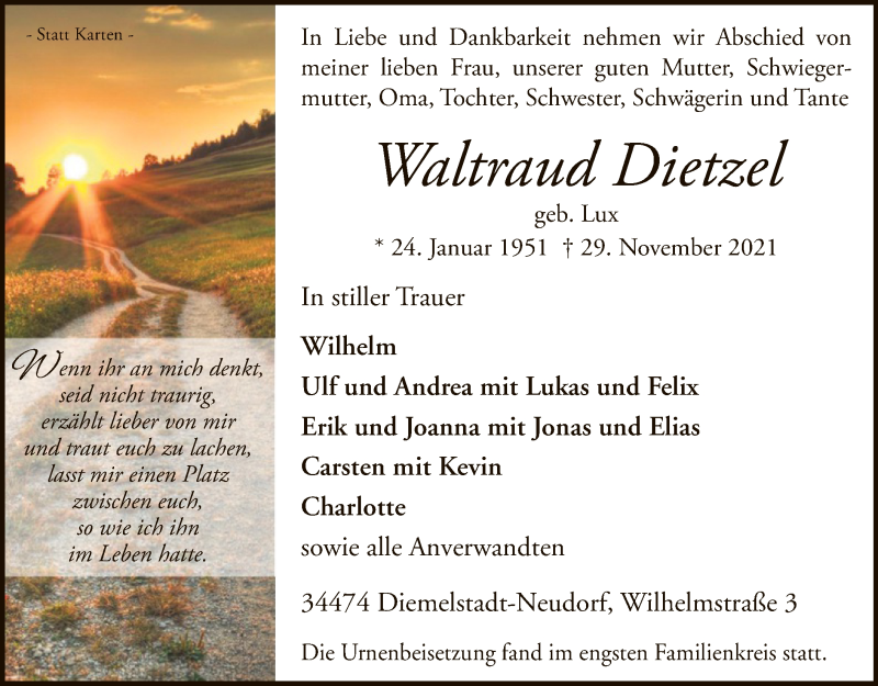  Traueranzeige für Waltraud Dietzel vom 18.12.2021 aus WLZ