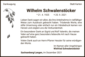 Traueranzeige von Wilhelm Schwalenstöcker von WLZ