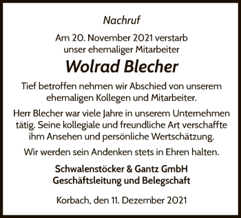 Traueranzeige von Wolrad Blecher von WLZ