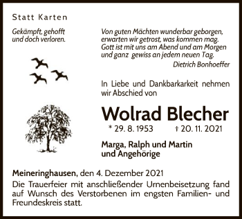 Traueranzeige von Wolrad Blecher von WLZ