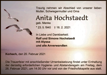 Traueranzeige von Anita Hochstaedt von WLZ