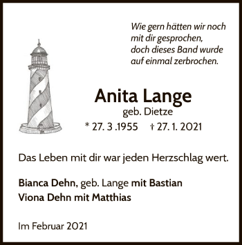 Traueranzeige von Anita Lange von WLZ