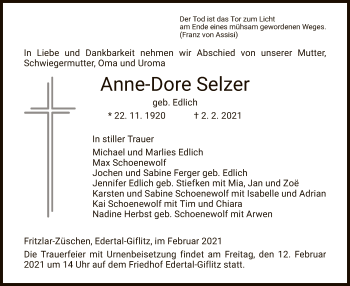 Traueranzeige von Anne-Dore Selzer von WLZ