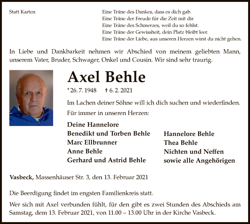  Traueranzeige für Axel Behle vom 13.02.2021 aus WLZ
