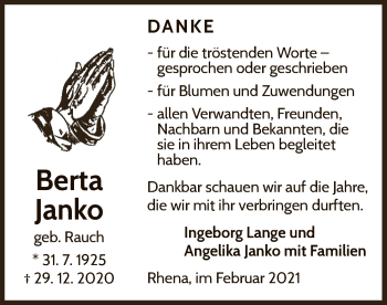 Traueranzeige von Berta Janko von WLZ