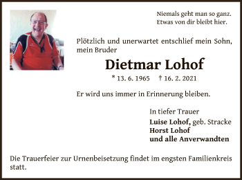 Traueranzeige von Dietmar Lohof von WLZ
