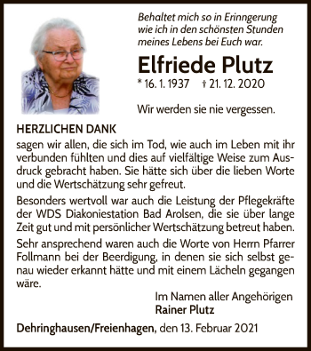 Traueranzeige von Elfriede Plutz von WLZ