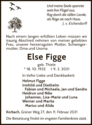 Traueranzeige von Else Figge von WLZ