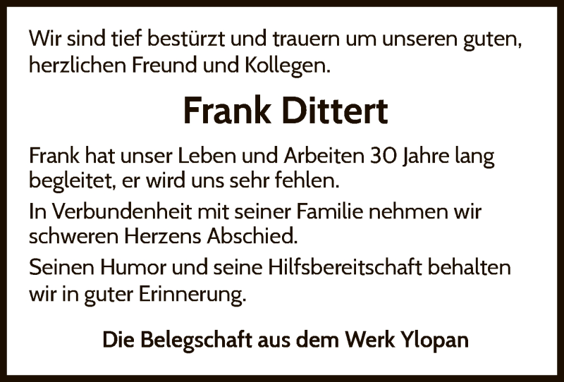  Traueranzeige für Frank Dittert vom 06.02.2021 aus WLZ