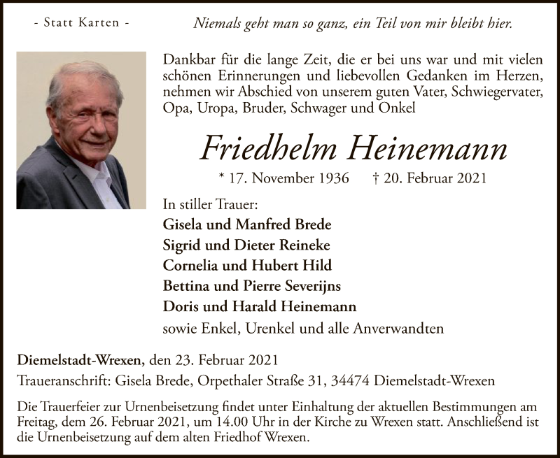  Traueranzeige für Friedhelm Heinemann vom 23.02.2021 aus WLZ