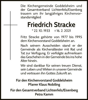 Traueranzeige von Friedrich Stracke von WLZ