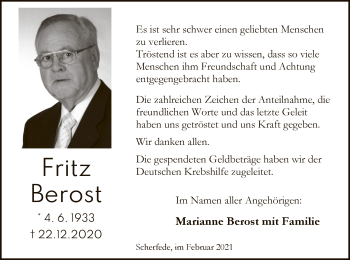 Traueranzeige von Fritz Berost von WLZ