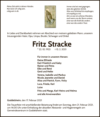 Traueranzeige von Fritz Stracke von WLZ