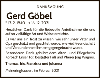 Traueranzeige von Gerd Göbel von WLZ