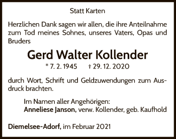 Traueranzeige von Gerd Walter Kollender von WLZ