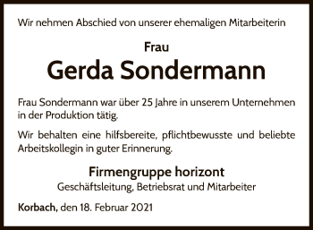 Traueranzeige von Gerda Sondermann von WLZ