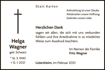 Traueranzeige von Helga Wagner von WLZ