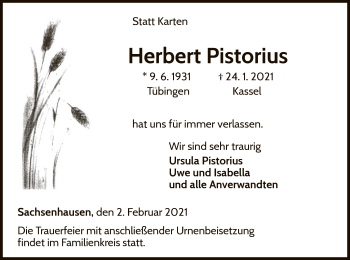 Traueranzeige von Herbert Pistorius von WLZ