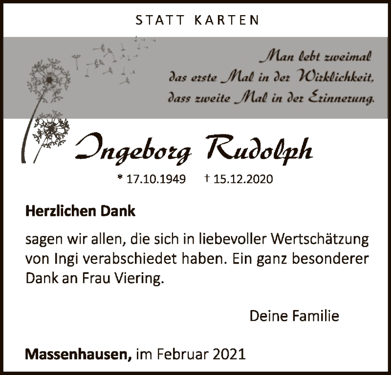  Traueranzeige für Ingeborg Rudolph vom 06.02.2021 aus WLZ