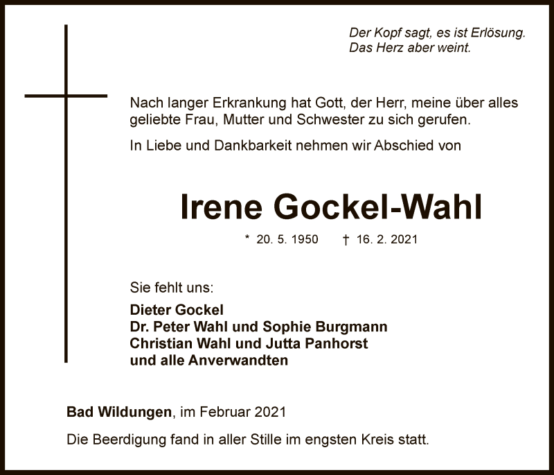  Traueranzeige für Irene Gockel-Wahl vom 20.02.2021 aus WLZ