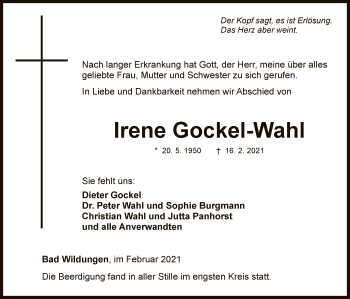 Traueranzeige von Irene Gockel-Wahl von WLZ