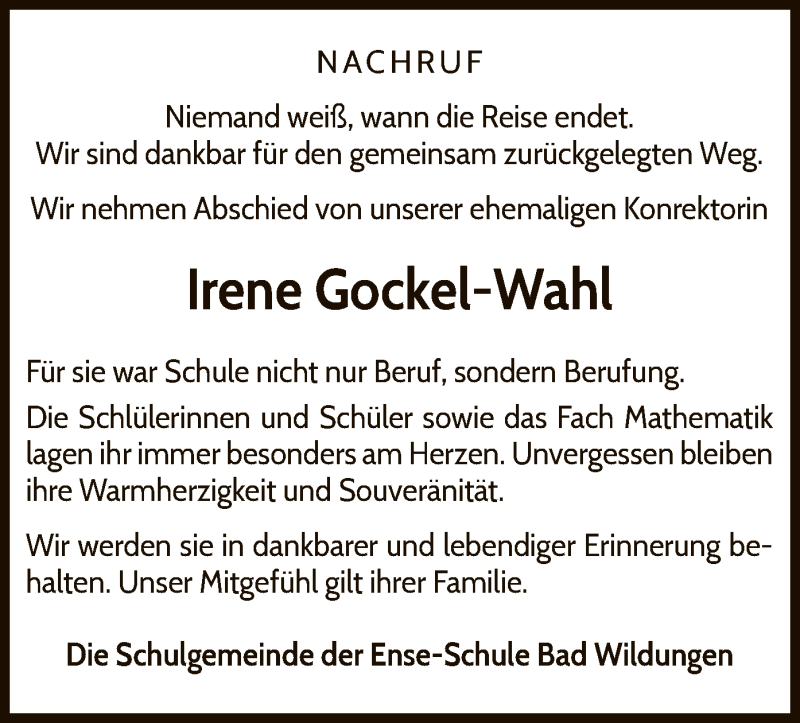  Traueranzeige für Irene Gockel-Wahl vom 20.02.2021 aus WLZ