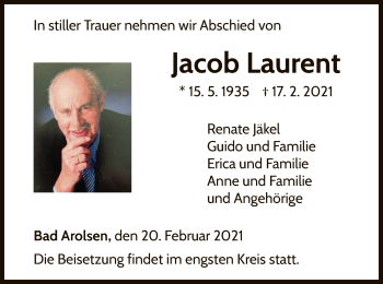 Traueranzeige von Jacob Laurent von WLZ