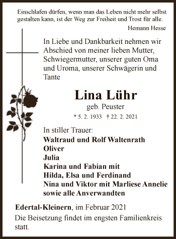 Traueranzeige von Lina Lühr von WLZ