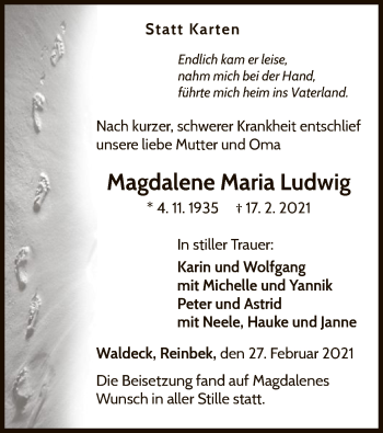 Traueranzeige von Magdalene Maria Ludwig von WLZ