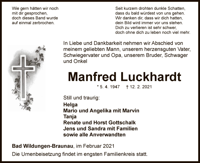  Traueranzeige für Manfred Luckhardt vom 16.02.2021 aus WLZ