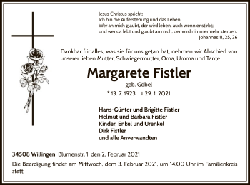 Traueranzeige von Margarete Fistler von WLZ