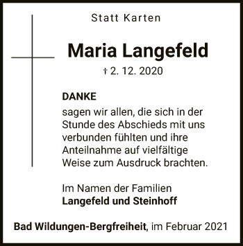 Traueranzeige von Maria Langefeld von WLZ