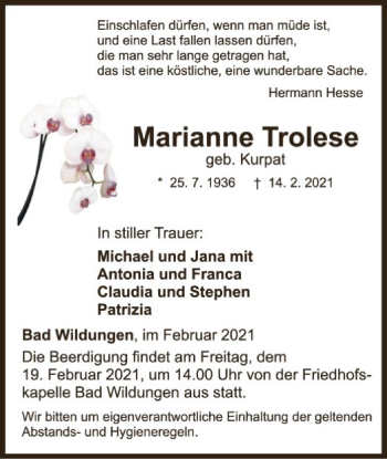 Traueranzeige von Marianne Trolese von WLZ