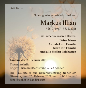 Traueranzeige von Markus Illian von WLZ