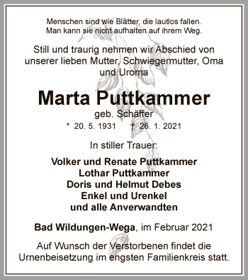 Traueranzeige von Marta Puttkammer von WLZ